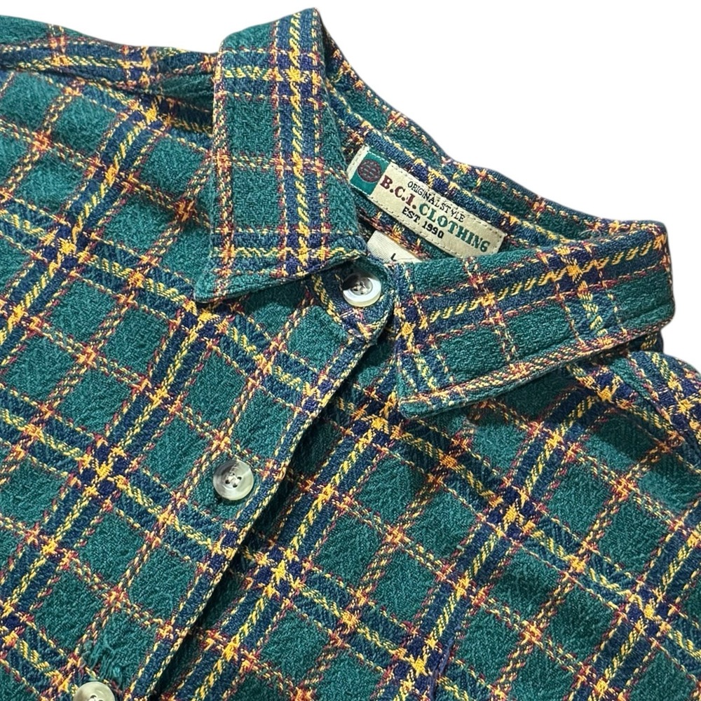 Vintage 90s B.C.I. Clothing Button Up Flannel Shirt Green Plaid Women's Size L